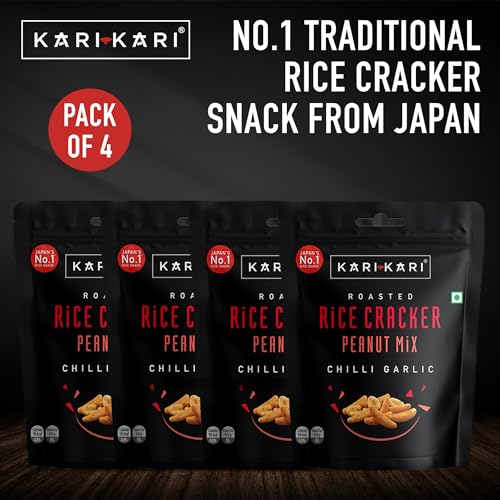 Image of Kari Kari Chilli Garlic Rice Cracker & Peanut Mix | Crunchy Japanese Snacks | Roasted, Non-Fried Healthy | 100% Vegetarian | Party (56g x Pack of 4)