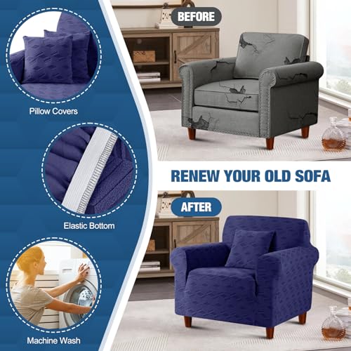 Image of TAOCOCO Stretch Chair Slipcover, 1Piece Non Slip Armchair Cover Washable Chair Sofa Slipcover with 1PCS Throw Pillow Cover, Jacquard Furniture Protector for Pets Dog(1 Seater,Dark Blue)