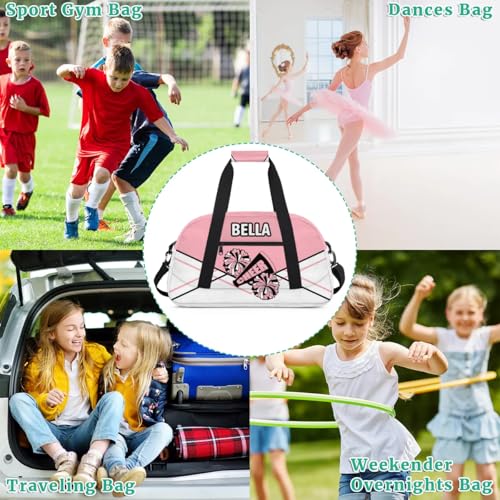 Custom Name Cheerleader Gym Bag for Kids Girls,Personalized Dance Sport Duffel Gymnastics Bag Travel Weekender Outdoor Tote Carry-On Bag,Light Pink and White 7
