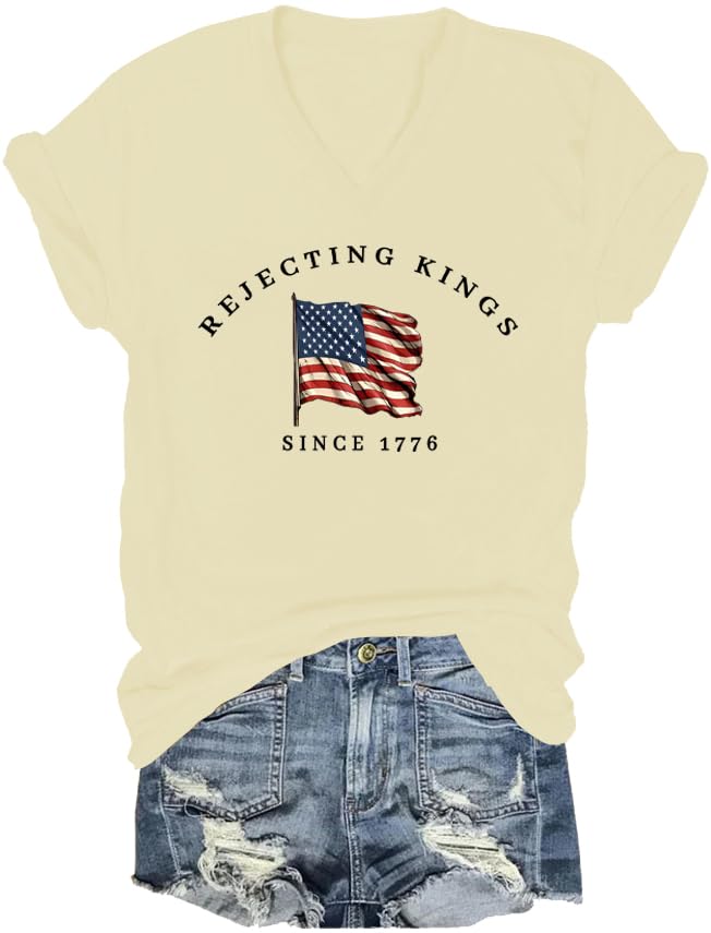 Rejecting Kings Since 1776 Tshirt, No Kings in America Shirt Women Graphic V Neck Tee 1776 Shirts for Men