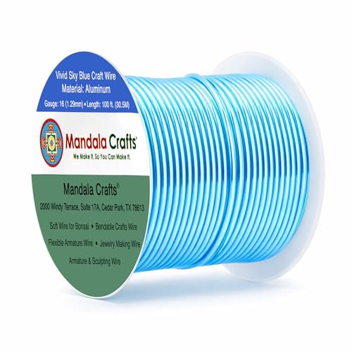 Image of Mandala Crafts 16 Gauge Anodized Aluminum Craft Wire for Jewelry Making - 100 FT Colored Flexible Vivid Sky Blue Wire - Bendable for Bonsai Armature Crafting Sculpting