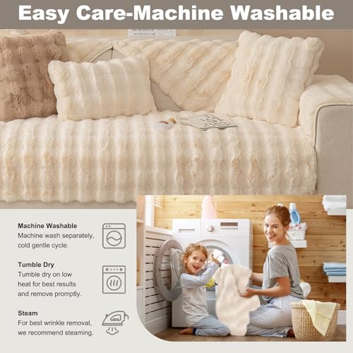Aocase Sofa Covers, Plush Sofa Cover, Sofa Slipcovers, Non-Slip Sofa Cover 1 2 3 Seater, Fluffy Sofa Cover, L-Shaped Corner Sofa Cover Sofa Protector Machine Washable,Cream white,110×210cm - Image 5