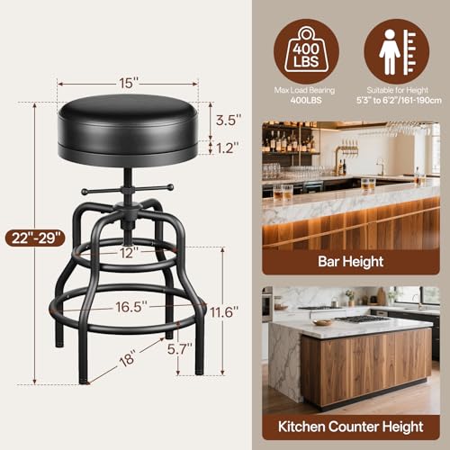 Image of Raynesys Adjustable Height Swivel Bar Stools Set of 2, 22-29 Inch Industrial Vintage Bar Counter Height Stools with Thicken Premium Bonded Leather Seats & Updated Footrests, Easy Assembly, Black