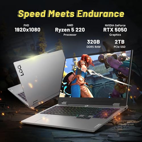 Image of Lenovo LOQ 15.6 inch FHD 144Hz Gaming Laptop, AMD Ryzen 5 220, GeForce RTX 5050 8GB GDDR7, 32GB DDR5, 3TB Storage (2TB SSD +1TB Docking Station), Backlit Keyboard, HD 720p Camera, Win11, Gray