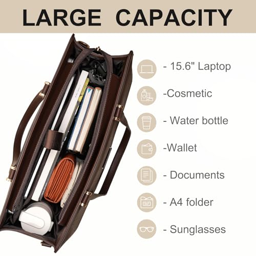 MOSISO Laptop Tote Bag for Women, 15.6 inch PU Leather Large Capacity Handbag & Clutch Purse & Flapover Pocket, Crocodile Grain Waterproof Computer Bag Work Briefcase for Business Office, Brown4