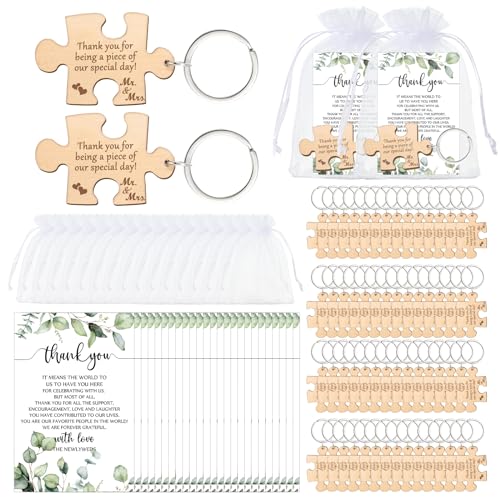 Sintuff Wedding Favors for Guests Bulk (100 Sets) - Wedding Favor Set - Wooden Keychain Thank You Cards & Organza Bags