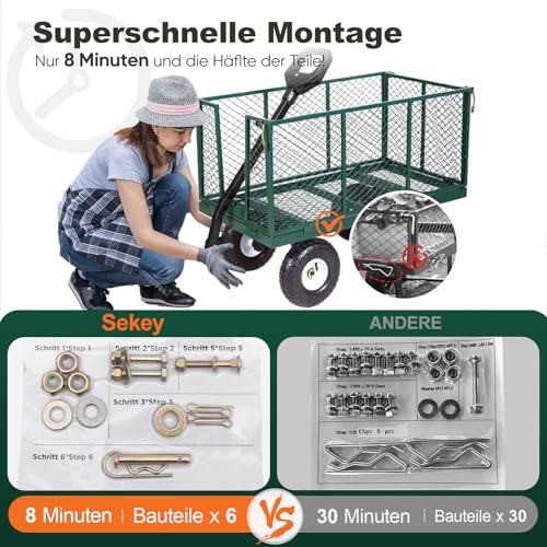 Sekey Bollerwagen Gartenwagen 550KG Belastbar, Transportwagen Transportkarre Gerätewagen mit Patentiertem Handgriff, Vollgummi-Luftreifen, Serie Titan, 200L, Grün
