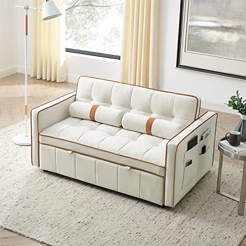 3 In 1 Sleeper Sofa Couch Bed, Small Tufted Velvet Convertible Loveseat Futon Sofa W/Pullout Bed, Adjustable Backrest, Cylinder Pillows, Multi-Pockets For Living Room Apartment, Beige, 55.5" #TOP3
