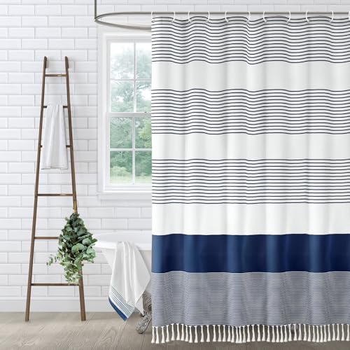 Navy Blue Coastal Ocean Cotton Striped Shower Curtain with Tassel 72W X 84L by XOGUIBO - Used condition - US$26.68