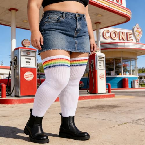 Image of DRESHOW Plus Size Thigh High Socks Striped Over Knee Long Boot Stockings Knee High Tube Socks Leg Warmers for Women