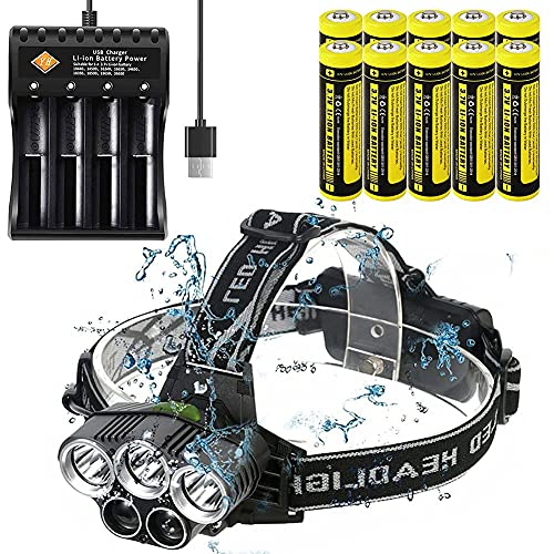 Linterna frontal LED recargable por USB, 6 modos y 90 ° banda frontal ajustable, faro impermeable, con 10 baterías y cargador USB de 4 ranuras, adecuada para correr, camping, senderismo y pesca Cover
