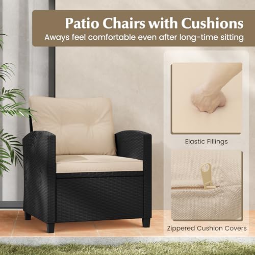 Image of Tangkula 3 Piece Patio Furniture Set, Rattan Conversation Set w /Soft Seat & Back Cushions, Tempered Glass Topped Coffee Table, Cushioned Wicker Seating Set for Backyard, Porch, Poolside (Beige)