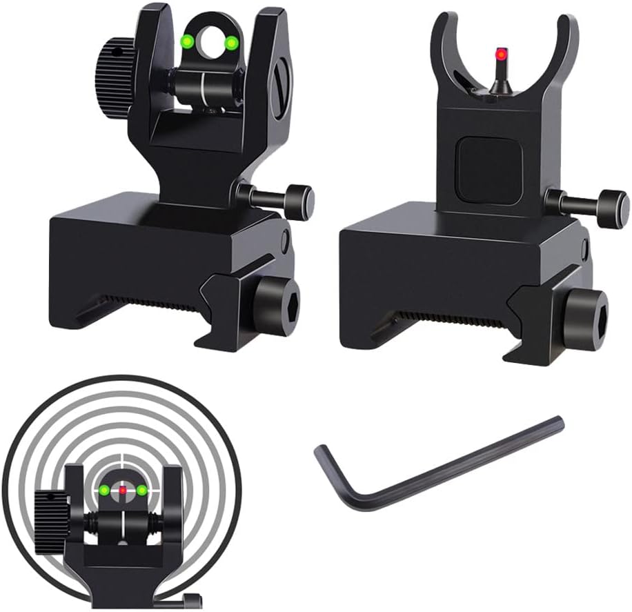 Fiber Optics Flip Up Iron Sight Front Red Dot Sight and Rear Green Dot Sight Fit Picatinny Weaver Rails