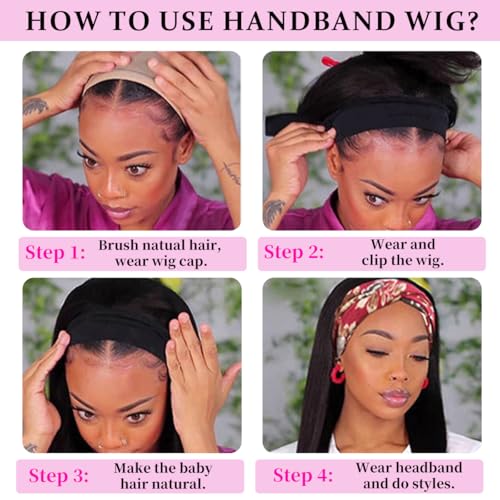 Image of Headband Wig Human Hair 12A Kinky Straight 14 Inch Yaki Straight Headband Wig 200% Density Glueless None Lace Front Wigs for Women Machine Made Wear and Go Wigs Headband Half Wigs Natural Color