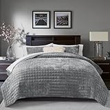 RECYCO Luxury Velvet Quilt Set King Size, Lightweight Velvet Comforter Set, Oversized Bedspread Coverlet Quilted Bedding Set, with 2 Matching Pillow Shams, for All Season, Gray