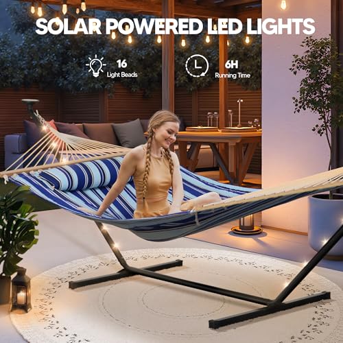 Image of SUNCREAT Double Backyard Hammock with Solar Powered Lights for Outside, 475 lbs Capacity, Heavy Duty Self Standing Hammock with 12 ft Stand, Blue