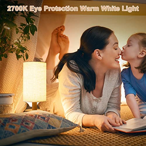 Image of Small Bedside Table Lamp for Bedroom, Minimalist Wood Base & Round Fabric Shade, Mini Cute Cozy Warm White Nightstand Boho Lamp, Study Desk Night Stand Light for Room, Dorm, Nursery, Living Room