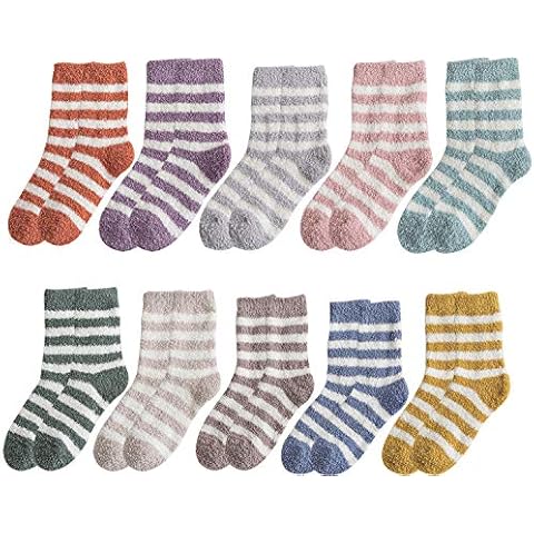 10 Pairs Fuzzy Socks for Women Girls Fluffy Cosy Winter Warm Plush Fleece Sleep Home Slipper Socks (US Women Shoe 4-8, A Set of 10 Pairs Stripe Socks) Cover