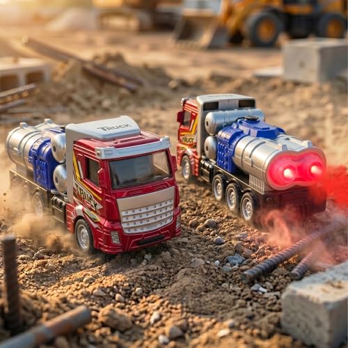 Image of Die Cast Metal Truck Toy with Light, Sound & Smoke Effects, Pull-Back Action Vehicle, Red & Black, Battery Operated, Ages 3+, with LED Headlights and Real Smoke Function