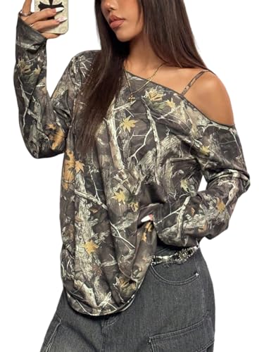 SOLY HUX Women's Camo T-Shirts Long Sleeve Cold Shoulder Loose Tee Shirts Vintage Streetwear