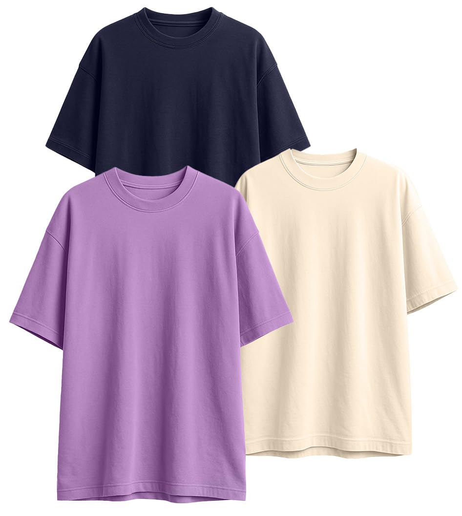 100% Pure Cotton Drop Shoulder Oversized Baggy Fit Half Sleeve Plain Solid Round Neck Multicolor T-Shirt Combo for Men (Pack of 3) (Sizes S-2XL)
