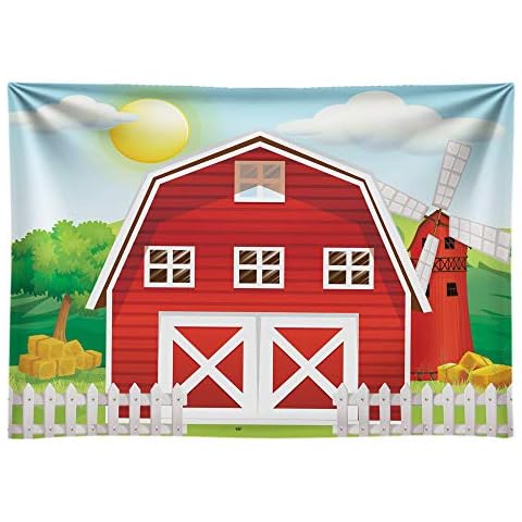 Funnytree 8 x 6 ft Durable Fabric Cartoon Red Farm Animals Party Backdrop No Wrinkles Children Birthday Background for Photography Decorations Photobooth Banner Photo Studio Props Cover