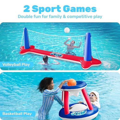 Image of JOYIN Inflatable Pool Float Set Volleyball Net & Basketball Hoops, Balls Included for Kids and Adults Swimming Game Toy, Summer Floaties, Volleyball Court |Basketball,L-Red