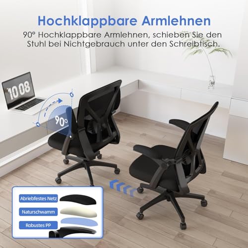 Hinonde Bürostuhl,Schreibtischstuhl mit Hochklappbare Armlehnen und Wippfunktion,360°Drehstuhl,Höhenverstellbarer Bürostuhl ergonomisch Home Office Stuhl mit Atmungsaktivem Netz,Bis zu 150kg
