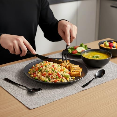 Image of 24 Pcs Black Mirror Polish Stainless Steel Cutlery Set for Dining Table with Spoons and Forks Set + Butterknives - The Perfect Tableware /Flatware