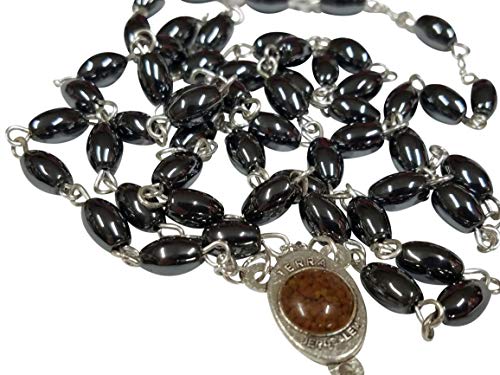 Jerusalem Colar de rosário católico com contas ovais de hematita de 10 mm em caixa de presente