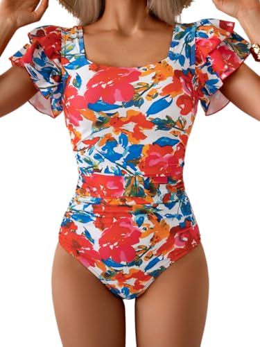 Image of Eomenie Women's Tummy Control One Piece Swimsuit Ruffle Square Neck Bathing Suit Ruched Cutout Back Slimming Swimwear