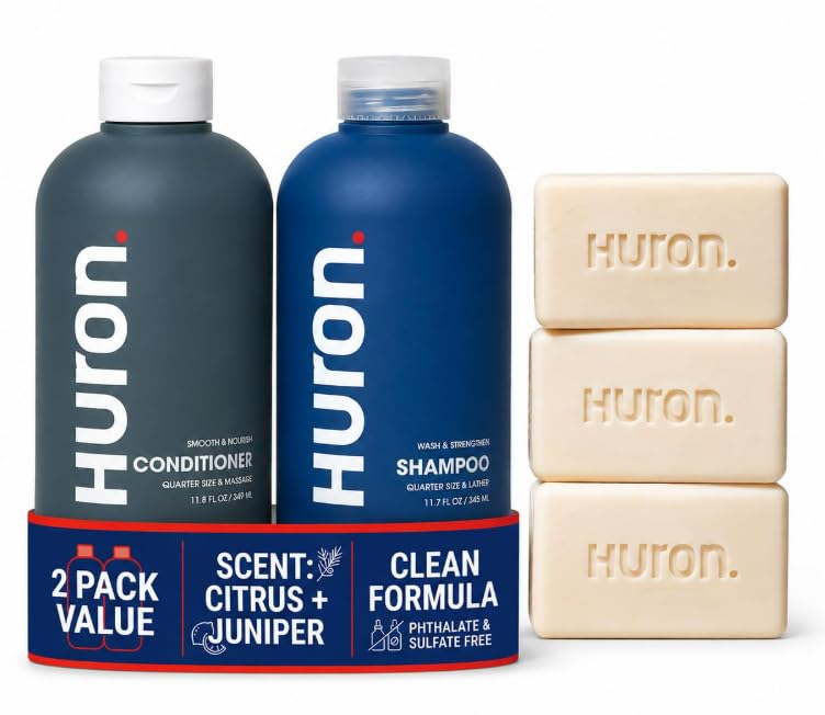 Huron Men's Hair Duo (12 fl oz, 2pack) + Sea Salt + Driftwood Bar Soap Bundle (5 oz, 3 Pack) | Hydrating Shampoo, Conditioner & Moisturizing Soap Set image 4