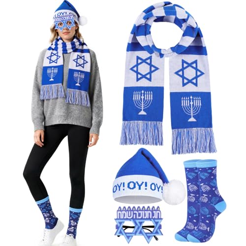 POTPTPT 4 Pcs Hanukkah Costume Set for Adults Blue & White Knit Hat, Scarf, Glasses, Socks Jewish Holiday Winter Accessories Bundle Gift for Hanukkah Party Costume