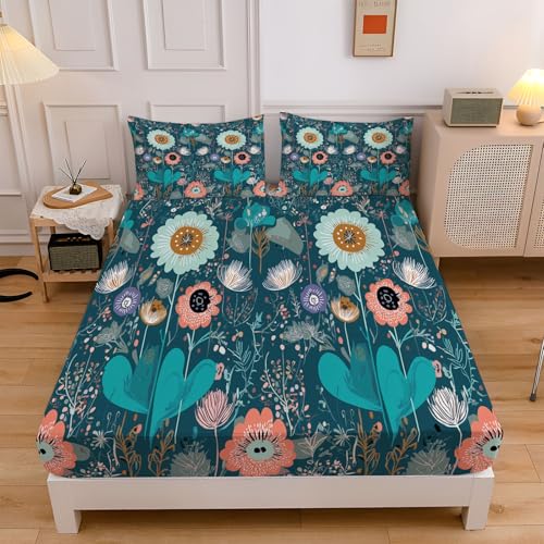 Sábana Ajustable 3 Piezas, Bohemio Floral Flores Ensueño Estampado, Turquesa Sábana Ajustable Suave Lavable máquina, 105x190cm Fácil Cuidado para Adolescentes Cama 105