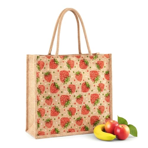 Image of Kuber Industries Jute Shopping Bag for Women with Handle | Reusable Carry /Shopping Bag for Grocery, fruits & Vegetable | Strawberry Print - Brown