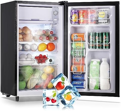 WANAI 3.2 Cu.Ft Mini Fridge with Freezer, Single Door Small Compact Refrigerator with 5 Adjustable Thermostat, LED Light, 3 Removable Shelves for Office, Dorm, Bedroom, Apartment, Kitchen Silver