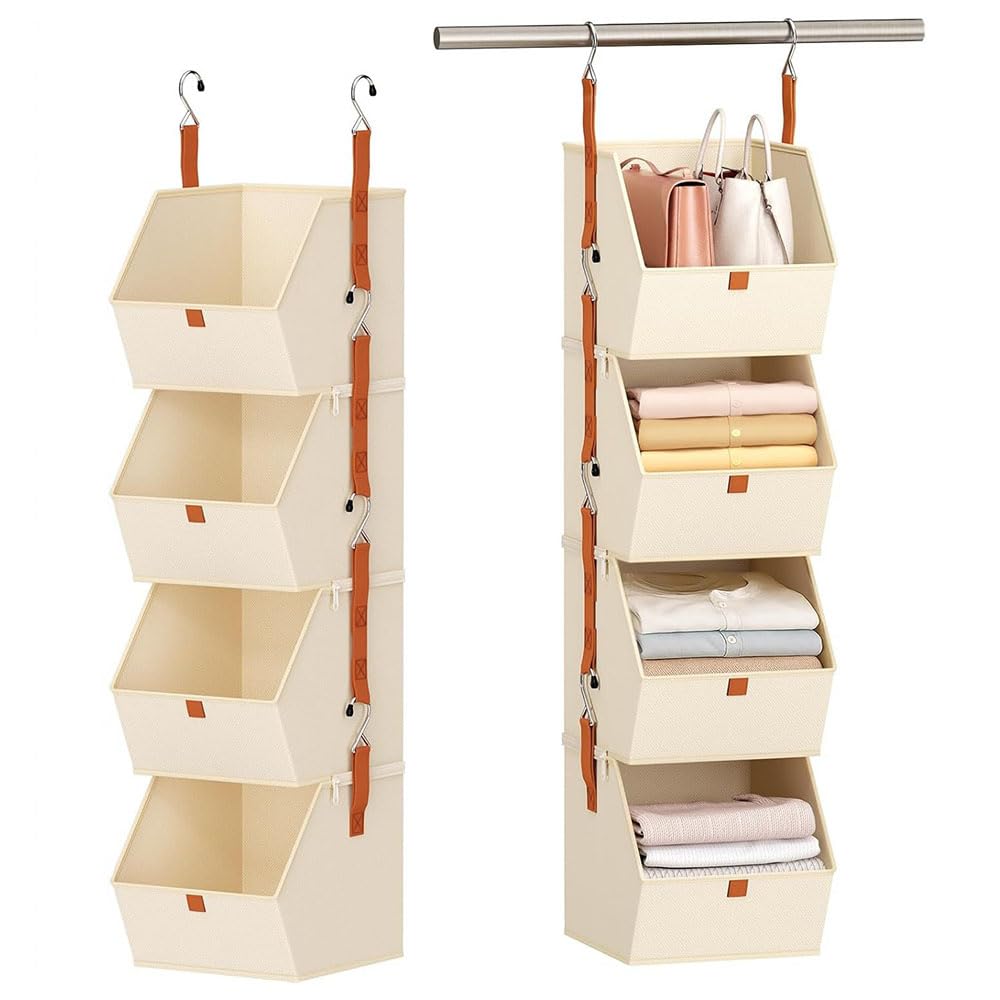 Organizador de Armario Colgante de 4 Niveles, Beige, Sistema de Almacenamiento Modular con 8 Ganchos, Estantería de Tela para Ropa y Accesorios, 26x31x120cm (Beige)