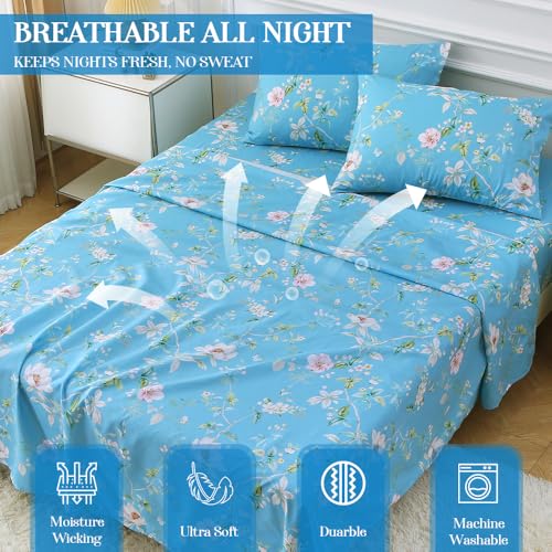 Image of MUXHOMO Queen Size 4 Piece Sheet Set, Soft & Breathable Sheet for Bedroom with Deep Pocket Up to 16 inch, Wrinkle-Free & Cooling Bed Sheet with Flat Sheet, Fitted Sheet & Pillowcases - Magnolia Blossom