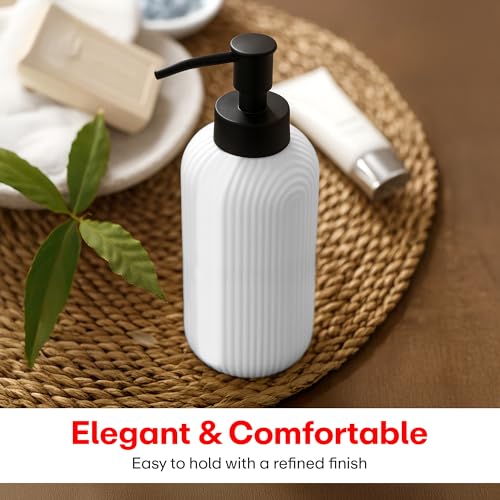 Image of Rioware Ceramic Soap Dispenser Hand Wash Bottles for Basin | Multipurpose Refillable for Liquid Shampoo, Kitchen, Bathroom, and Household Use | 300Ml, Pack of 1 - Solid White