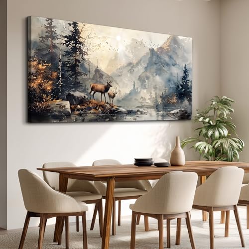 FUHAIHUA Canvas Wall Art For Living Room Large Wall Decor For Office Bedroom Wall Pictures Mountain Forest Landscape Ink Paintings Modern Poster Prints Artwork Room Home Decor Deer Mural 24x48 In
