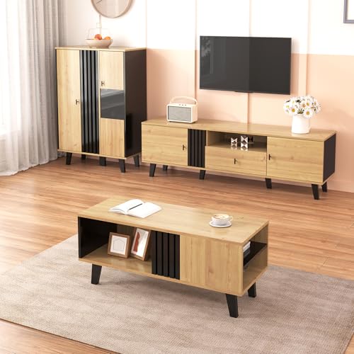 Bladez Ensemble de meubles de salon 3 pièces avec éclairage LED, armoire TV, buffet et table basse, aspect bois noir, design moderne avec espace de rangement...