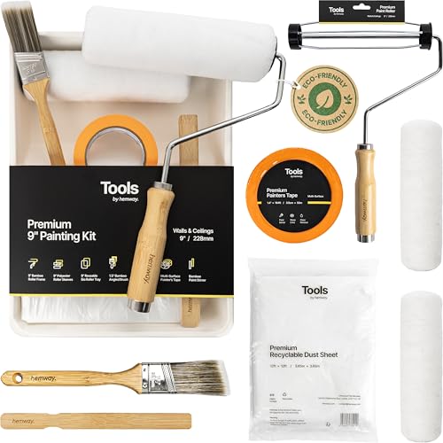 Painting Kit 9 | Paint Roller Set Includes 9 Inch Roller Frame, 2 Mid Pile Roller Sleeves, 1.5 Cutting in Brush, 12 ft Dust Sheet, Paint Stirrer, Roller Tray & Painters Tape for Decorating - Hemway