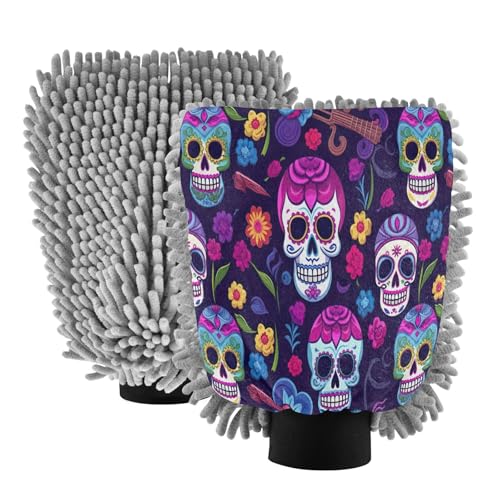 Flradish 2 Pack Skull Flower Car Wash Mitt Chenille Microfiber Lint-Free Scratch Free Ultra-Soft Absorbent Car Wash Mitt 10.2x7.09 Inch