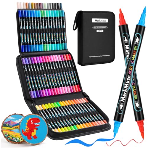 MarkMuse 72 Colori Pennarelli Acrilici Doppia Punta, Marcatori Acrilici Asciugatura Rapida & Impermeabili, Acrylic Marker Ad Acqua per Dipingere Sassi, Colorazione, Legno, Vetro, Tessuti, Pittura