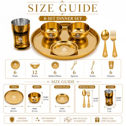 Image of 42 Pcs Stainless Steel Dinner Set Gold PVD with 6 Thali 12 Bowls 6 Halwa Plates 6 Glasses 6 Spoons 6 Forks for Home Dining and Gifting