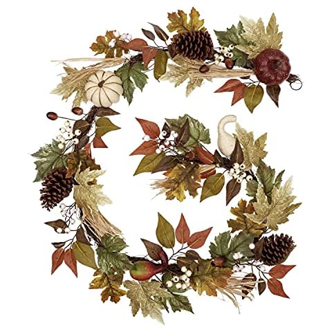 Valery Madelyn 6ft/183cm Autumn Halloween Garland for Front Door, Artificial Fall Thanksgiving Garland, Autumn Decorations with Maple Leaves, Pumpkin, Pine Cone and Berries for Fireplace Stairs Mantel Cover