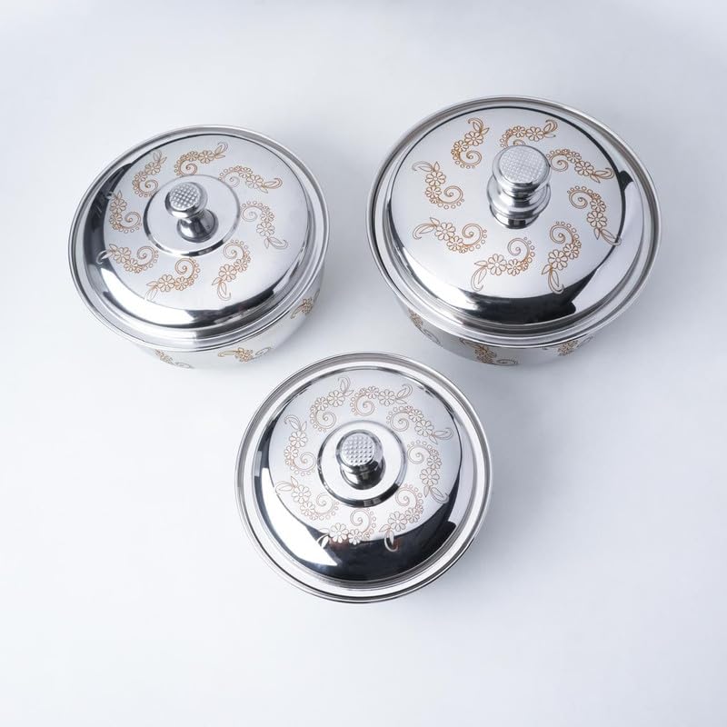 Dhanuom Stainless Steel Hot Pot Handi Set | 3 Pcs Silver Serving Dishes with Lids | Perfect for Cooking and Serving | Mirror Finish for Easy Cleaning (3 Pcs/Small/Medium/Large) 3