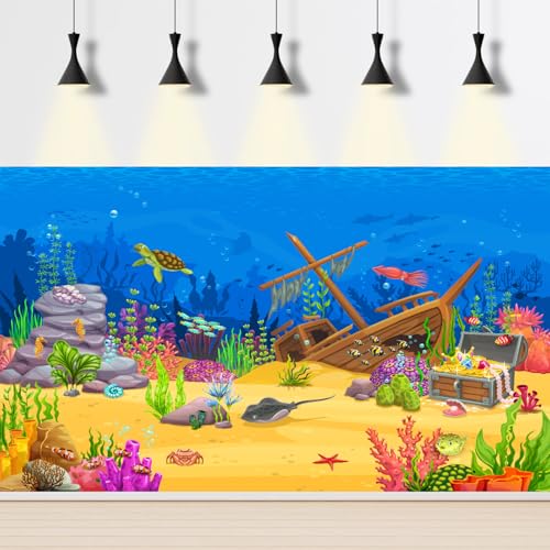 Image of Cartoon Underwater Landscape Aquarium Background Tropical Coral Reef Sunken Ship with Sea Animals Terrarium Background Deep Blue Ocean Fish Crab Treasure Chest Sea Turtle Fish Tank Backdrop 72x24in
