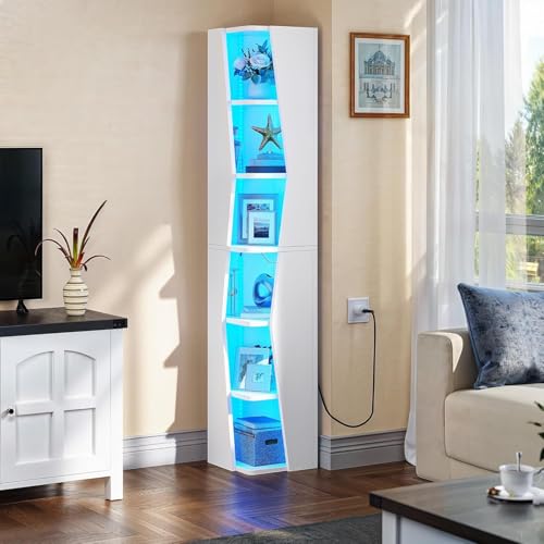 YITAHOME 71.45" Bookcase, 6 Shelves Corner Bookshelf with LED Light Modern, Tall Narrow Display Shelves, Wooden Free Standing Shelf, with Storage Organizer for Bedroom, Living Room, Home Off