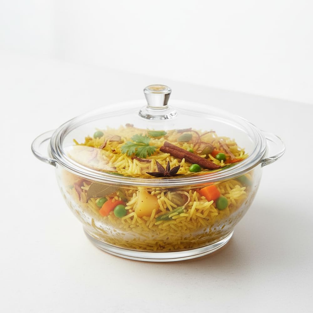 1L Borosilicate Glass Casserole Dish with Glass Lid and Dual Handles, Oven, Microwave & Freezer Safe Bowl Ideal for Cooking and Serving